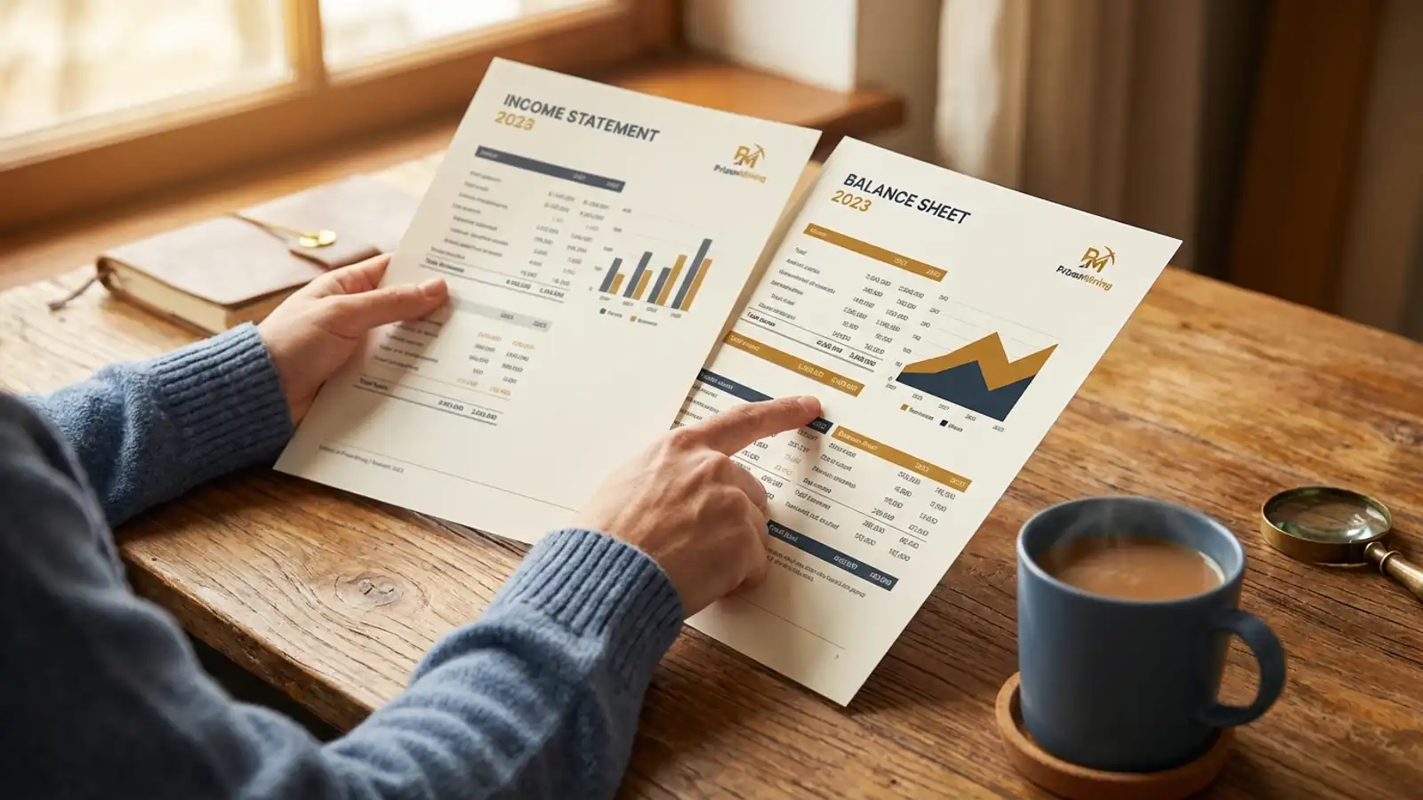 Hands comparing Gold IRA fee schedules side by side on a wooden desk