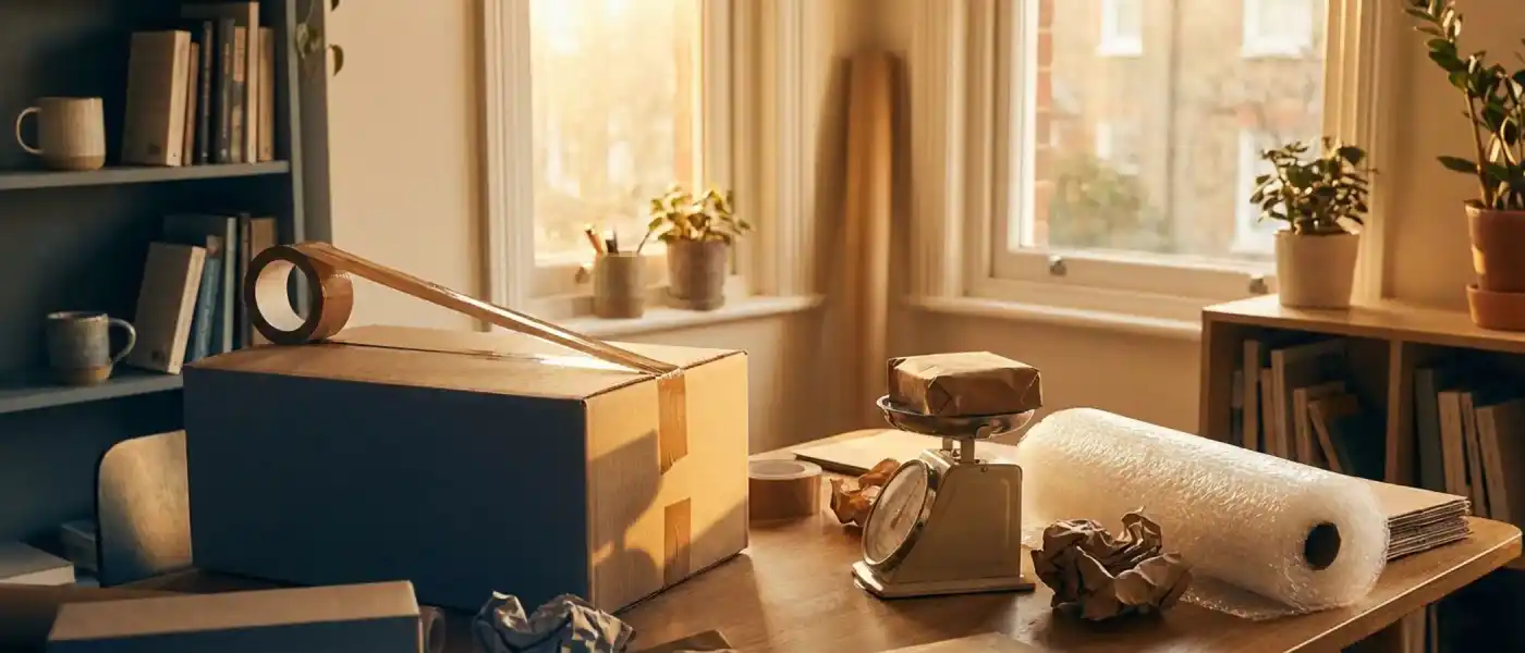 Gold IRA liquidation shipping box being sealed on a desk with packing materials