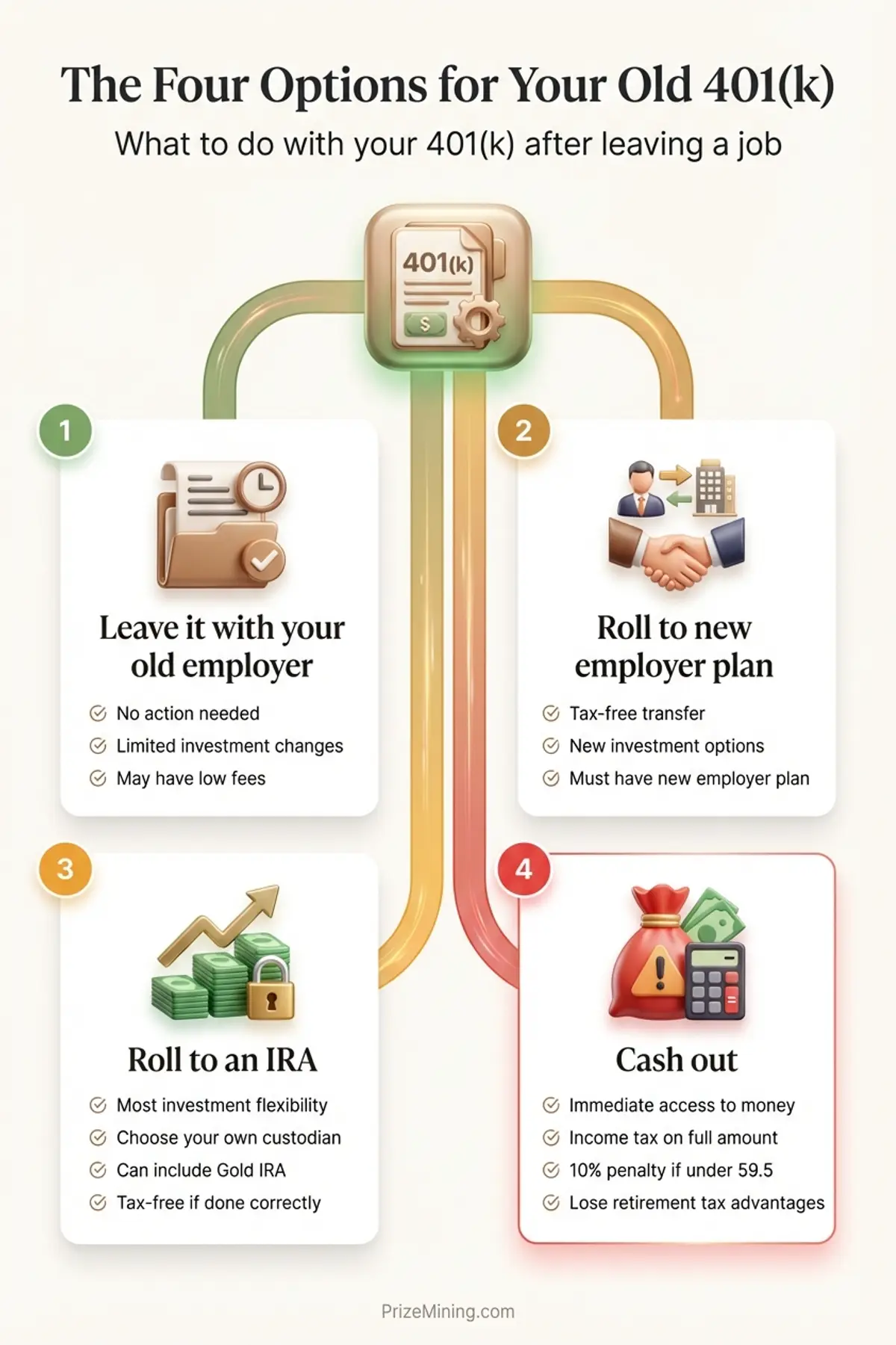 The Four Options for your old 401(k) infographic showing leave, roll to employer, roll to IRA, and cash out