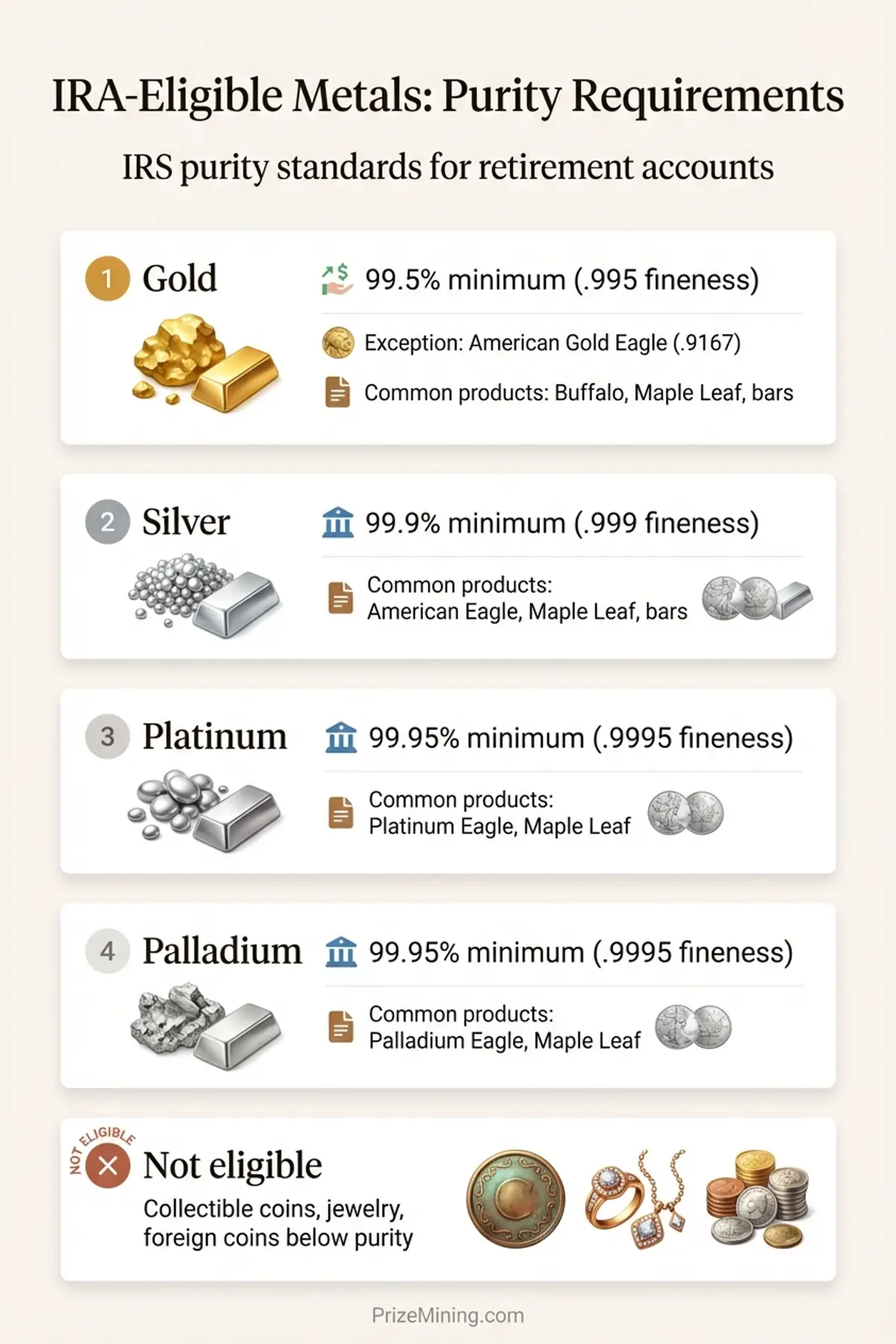 IRA-eligible metals purity requirements for gold, silver, platinum, and palladium