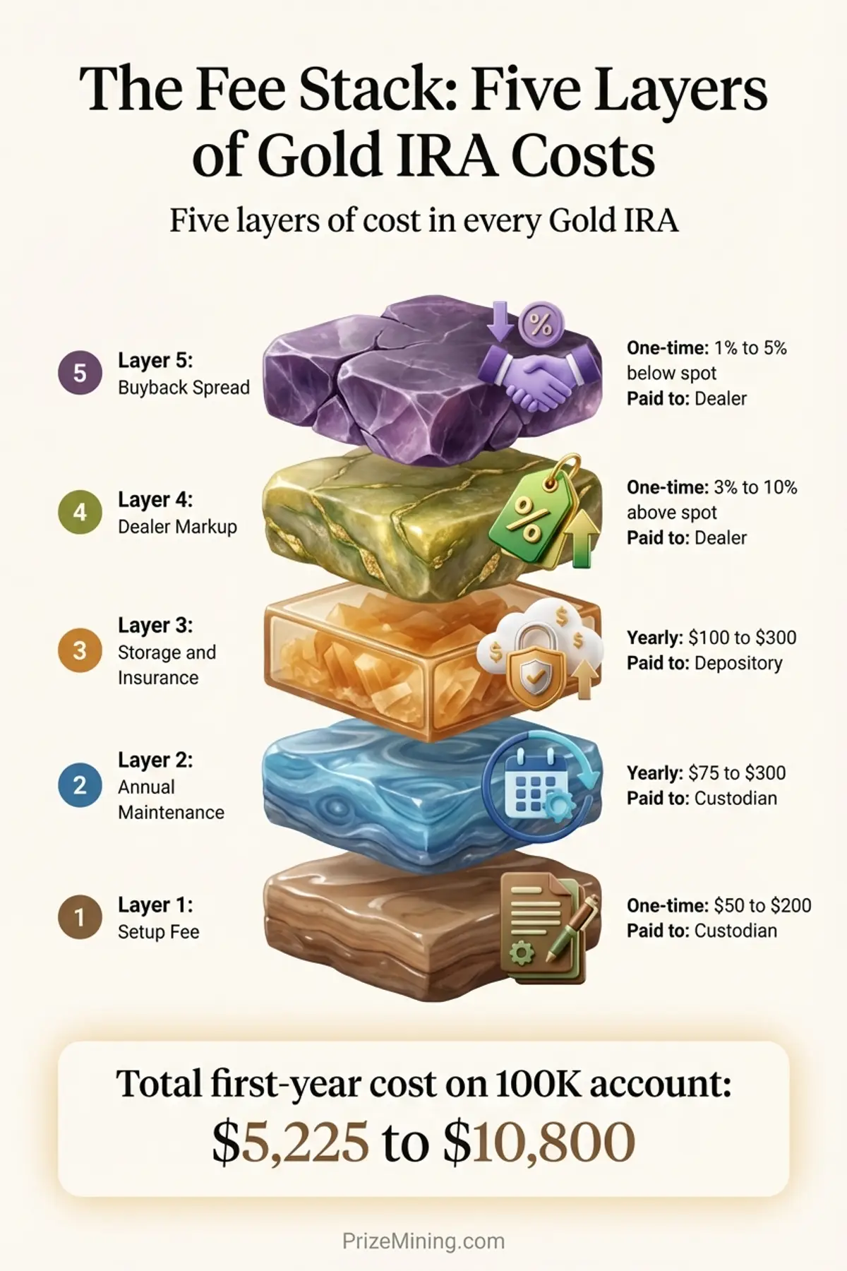 The Fee Stack infographic showing five layers of Gold IRA costs: setup fee, annual maintenance, storage and insurance, dealer markup, and buyback spread with typical ranges