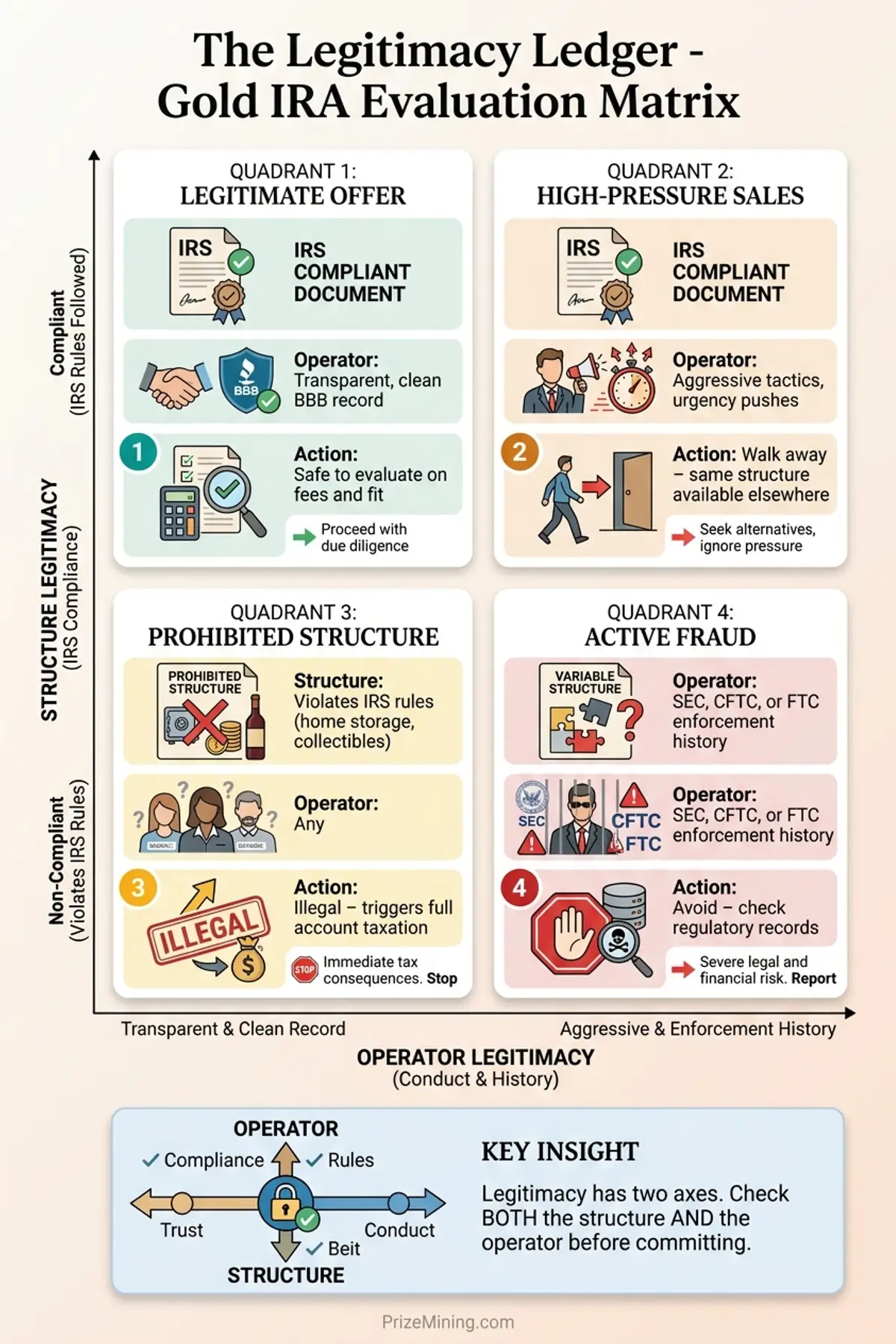 Legitimacy Ledger framework infographic showing four quadrants for evaluating Gold IRA offers: legitimate, high-pressure sales, prohibited structure, and active fraud