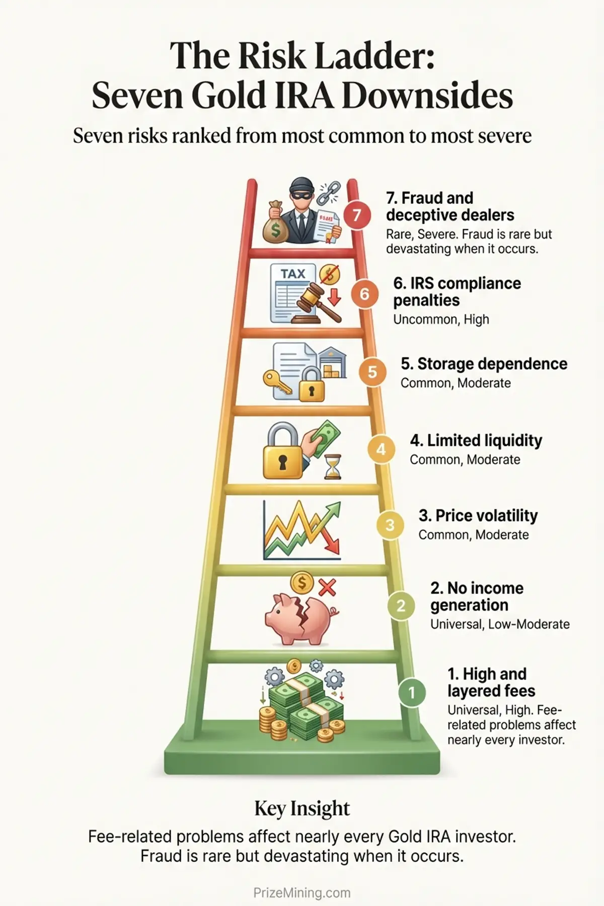 The Risk Ladder infographic ranking seven Gold IRA downsides from most common (high fees) to most severe (fraud)
