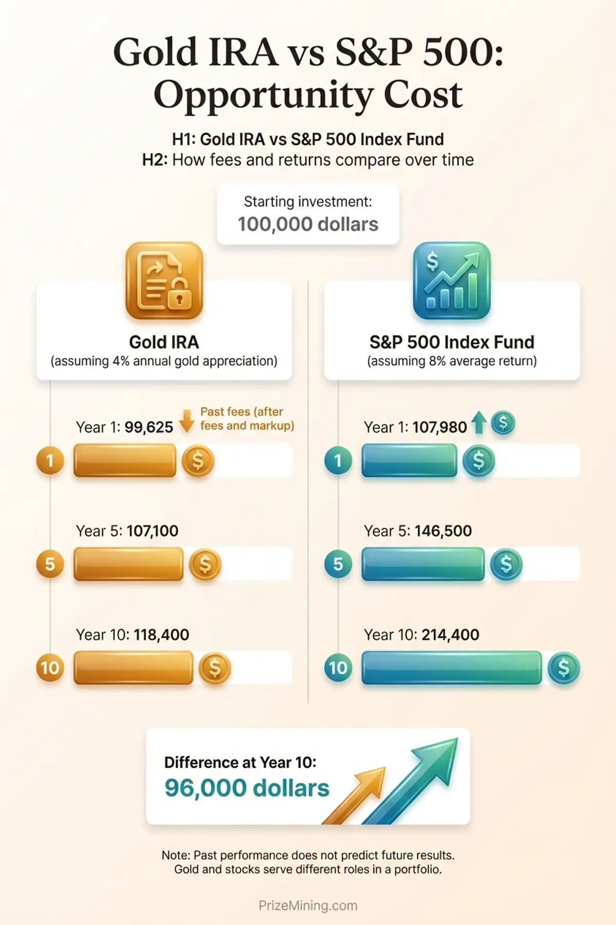 Comparison infographic showing a 100,000 dollar Gold IRA versus S&P 500 index fund returns over 10 years