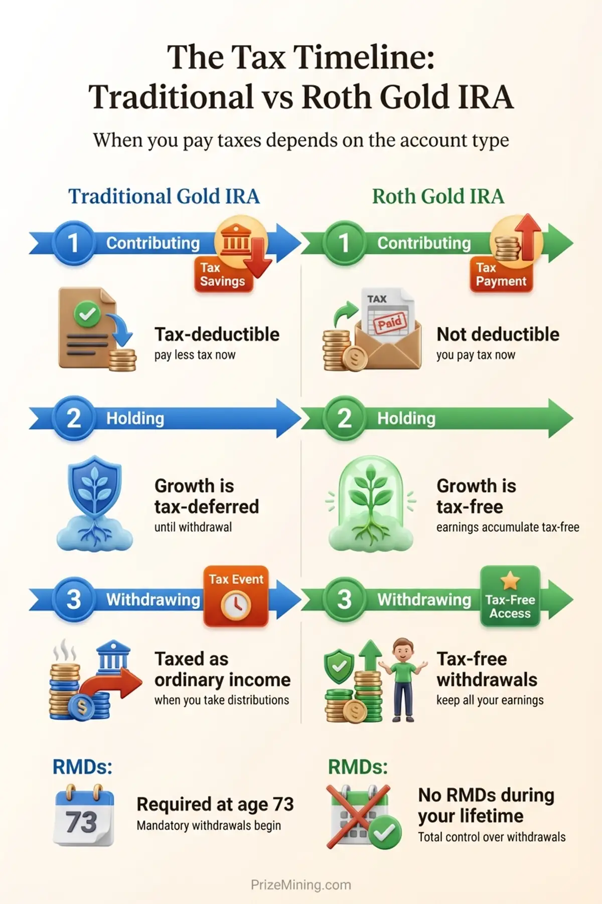 The Tax Timeline infographic comparing Traditional and Roth Gold IRA tax treatment across contributing, holding, and withdrawing phases