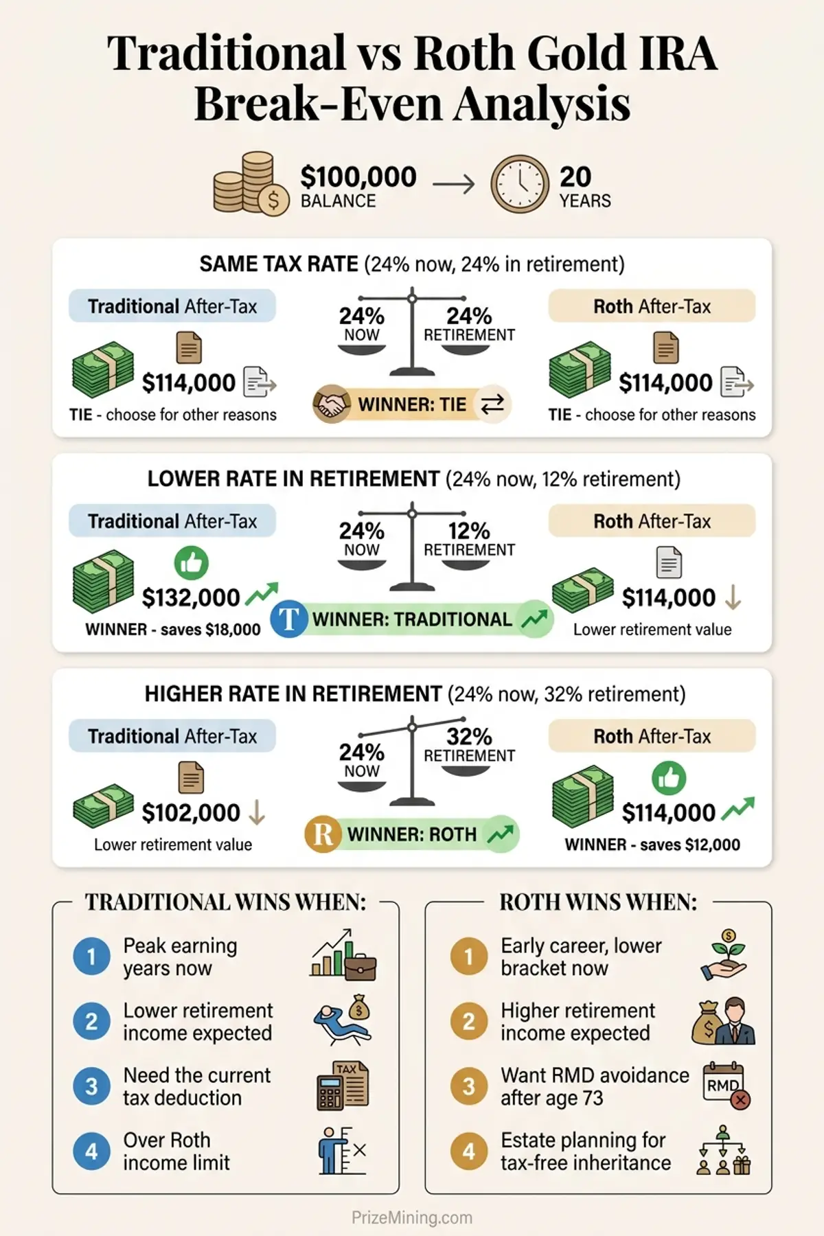 Break-even analysis infographic showing Traditional Gold IRA wins when retirement tax rate is lower, Roth wins when retirement rate is higher, and both are equal when rates stay the same