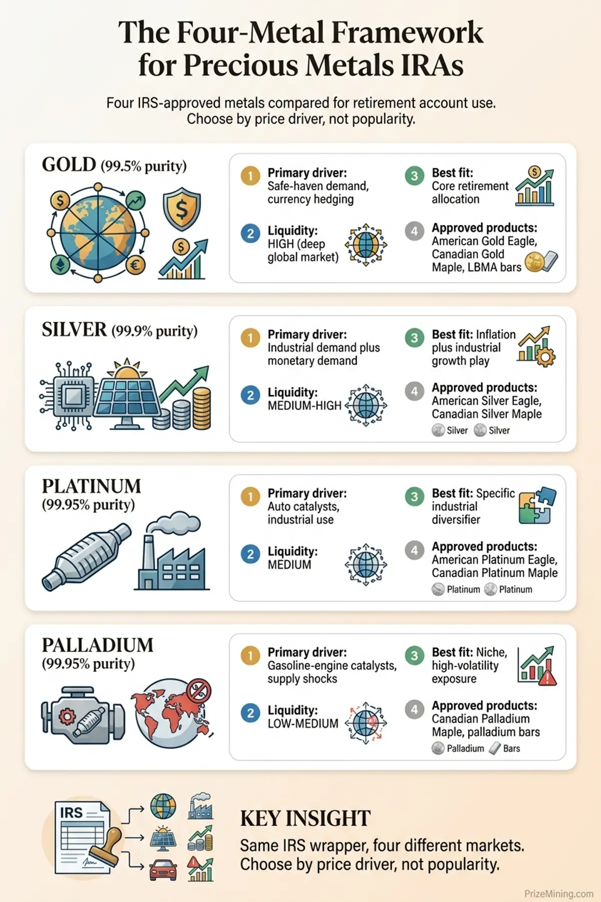 Four-Metal Framework infographic comparing gold, silver, platinum, and palladium by purity requirement, price driver, liquidity, and best-fit investor use case